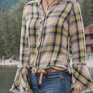 Macey Blue Plaid Cotton Blouse with Bell cuffs!!